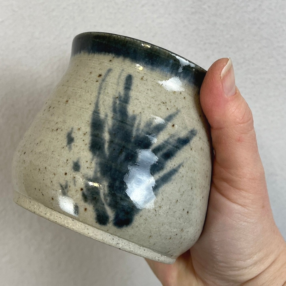 Handmade Studio Pottery Yunomi Mug Cup Blue Brushstroke Glaze Artist Signed - Picture 2 of 8